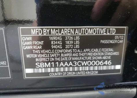 2012 Mclaren Automotive Mp4-12C z USA, uszkodzony, nr VIN SBM11AAA3CW000646